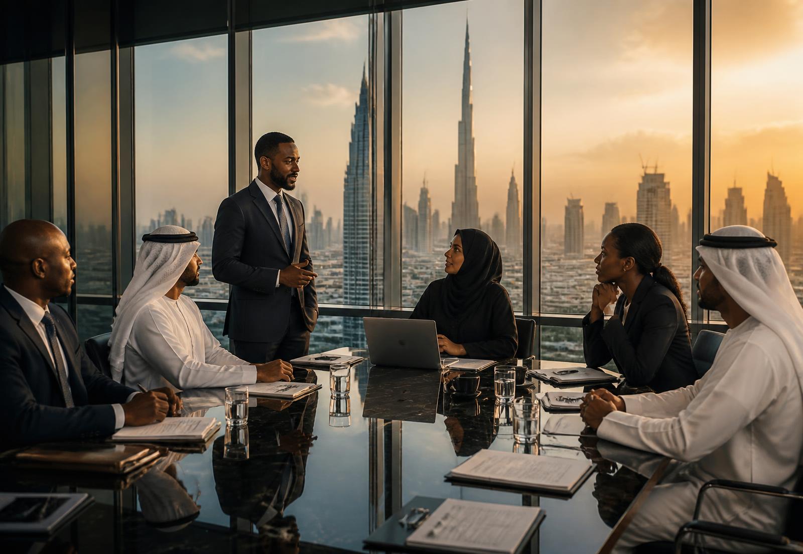International business team meeting above a Gulf city skyline
