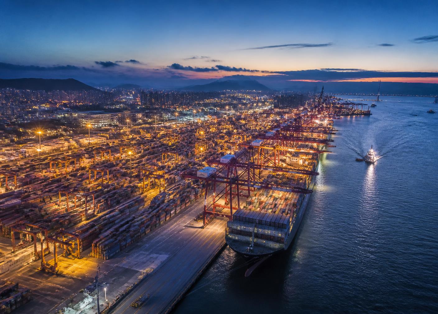 Container shipping port at dusk